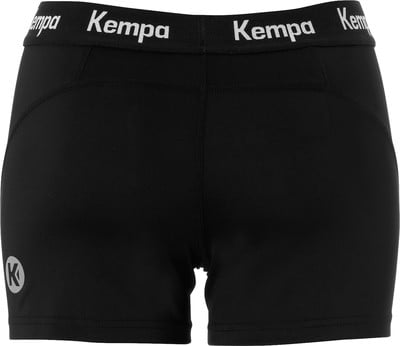 Schwarze Kempa-Shorts für Damen mit Logo an der Seite und Schriftzug am Bund. Schwarze Kempa-Shorts für Damen mit Logo an der Seite und Schriftzug am Bund.