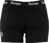 Schwarze Kempa-Shorts für Damen mit Logo an der Seite und Schriftzug am Bund.