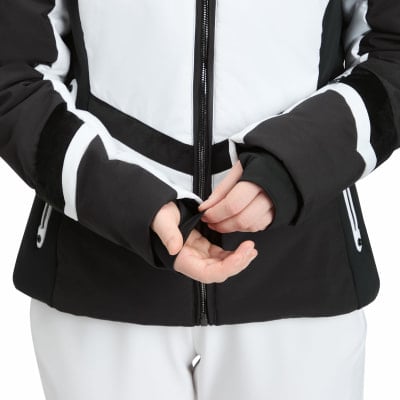 Damen-Skijacke mit schwarz-weißem Design und Daumenloch.