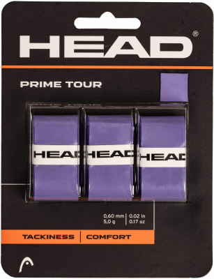 Verpackung von drei lila HEAD Prime Tour Schlägerbändern mit Schriftzügen. Verpackung von drei lila HEAD Prime Tour Schlägerbändern mit Schriftzügen.