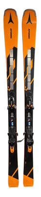 Atomic-Ski mit orange-schwarzem Design und schwarzer Bindung.
