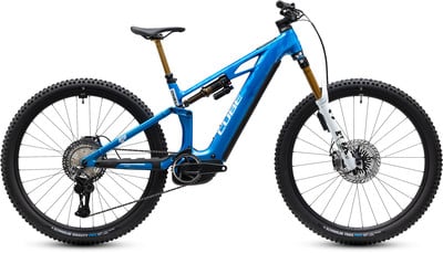 Blaues vollgefedertes Cube Mountain E-Bike mit Fox-Federung und Bosch-Antrieb.