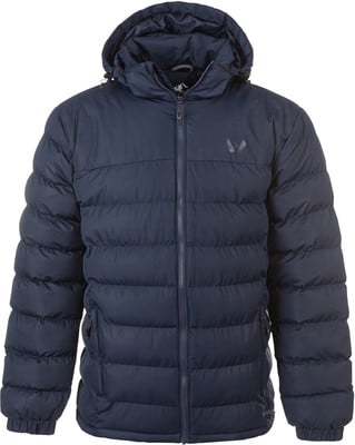 Dunkelblaue Daunenjacke mit Kapuze und Logo auf der Brust.