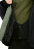 Geschlossene Jacke mit olivgrünem Futter und schwarzen Details.