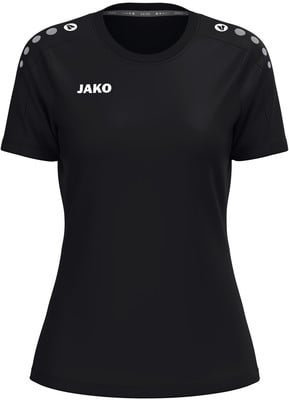 Schwarzes Damen-T-Shirt mit kurzen Ärmeln und JAKO-Logo auf der Brust. Schwarzes Damen-T-Shirt mit kurzen Ärmeln und JAKO-Logo auf der Brust.
