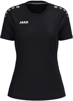 Schwarzes Damen-T-Shirt mit kurzen Ärmeln und JAKO-Logo auf der Brust.