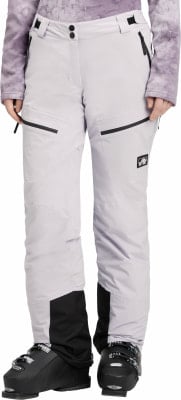 Damen-Skihose in Hellgrau mit schwarzen Akzenten und Skischuhen. Damen-Skihose in Hellgrau mit schwarzen Akzenten und Skischuhen.