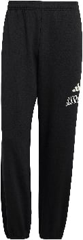 Schwarze Adidas Jogginghose mit Logo auf dem linken Bein.