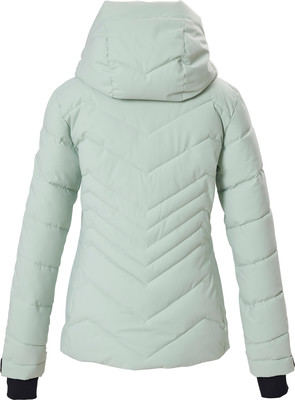 Rückansicht einer hellgrünen Daunenjacke mit Kapuze und V-förmiger Steppung.