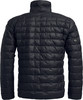 Schwarze gesteppte Jacke mit hohem Kragen und Logo auf dem Ärmel.