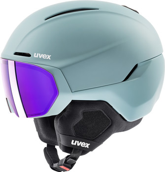 Ein blauer Skihelm mit violem Visier und Uvex-Logo.