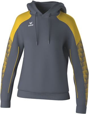 Grauer Kapuzenpullover mit gelben Details an Ärmeln und Schultern. Grauer Kapuzenpullover mit gelben Details an Ärmeln und Schultern.