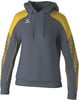 Grauer Kapuzenpullover mit gelben Details an Ärmeln und Schultern.