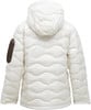 Rückansicht einer weißen Daunenjacke mit Kapuze und braunem Detail.
