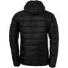 Rückansicht einer schwarzen Steppjacke mit Kapuze.