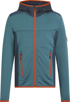 Blaue Kinderjacke mit Kapuze und orangefarbenem Reißverschluss, ideal für Outdoor-Aktivitäten.