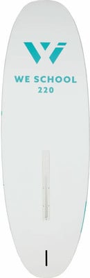 Weißes Paddleboard mit Logo und Aufschrift WE SCHOOL 220. Weißes Paddleboard mit Logo und Aufschrift WE SCHOOL 220.