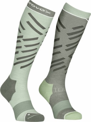 Damen-Kniestrümpfe mit geometrischem Muster in Mintgrün und Grau. Damen-Kniestrümpfe mit geometrischem Muster in Mintgrün und Grau.