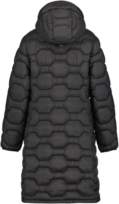 Schwarze Daunenjacke mit Kapuze und gestepptem Muster.