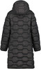 Schwarze Daunenjacke mit Kapuze und gestepptem Muster.