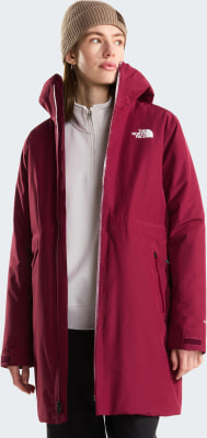 Damen-Weinrot-Jacke von The North Face mit Kapuze und Beanie. Damen-Weinrot-Jacke von The North Face mit Kapuze und Beanie.