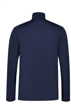 Rückansicht eines dunkelblauen Langarmshirts mit Stehkragen. Rückansicht eines dunkelblauen Langarmshirts mit Stehkragen.