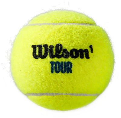 Ein Wilson Tour Tennisball mit schwarzer und blauer Schrift auf gelbem Grund. Ein Wilson Tour Tennisball mit schwarzer und blauer Schrift auf gelbem Grund.