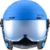 Ein blauer UVEX Skihelm mit integrierter verspiegelter Visier.