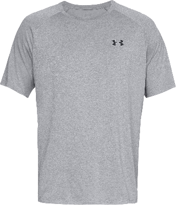 Graues T-Shirt mit kurzen Ärmeln und Under Armour Logo.