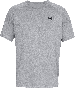 Graues T-Shirt mit kurzen Ärmeln und Under Armour Logo.