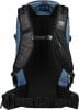 Rückansicht eines blauen Rucksacks mit schwarzen Schultergurten und Hüftgurt.