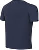Rückseite eines dunkelblauen T-Shirts mit kurzen Ärmeln und einem feinen Muster.
