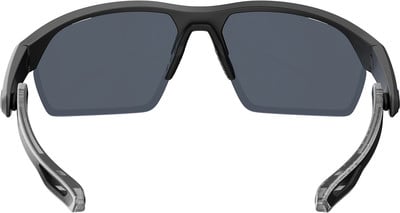 Schwarze Sportsonnenbrille mit dunklen Gläsern und transparenten Bügeln.