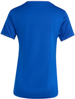 Ein blaues T-Shirt mit kurzen Ärmeln und weißem Besatz am Kragen und den Ärmeln. Ein blaues T-Shirt mit kurzen Ärmeln und weißem Besatz am Kragen und den Ärmeln.