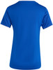 Ein blaues T-Shirt mit kurzen Ärmeln und weißem Besatz am Kragen und den Ärmeln.