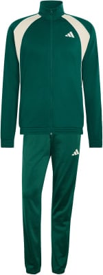Grüner Adidas Trainingsanzug mit beigen Einsätzen und Logo. Grüner Adidas Trainingsanzug mit beigen Einsätzen und Logo.