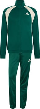 Grüner Adidas Trainingsanzug mit beigen Einsätzen und Logo.