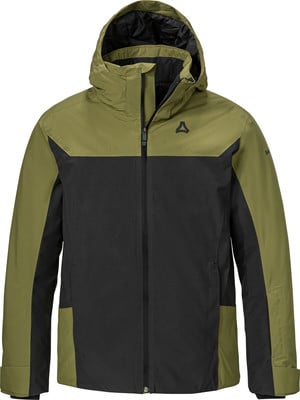 Grüne und schwarze Herren-Skijacke mit Kapuze und Logo. Grüne und schwarze Herren-Skijacke mit Kapuze und Logo.