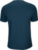 Rückseite eines dunkelblauen T-Shirts mit kurzen Ärmeln.