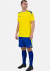 Ein Mann in einem gelben Trikot und blauen Shorts mit Streifen an Schultern und Hosenbeinen.