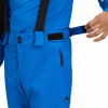 Blaue Skihose mit verstellbaren Trägern und Reißverschlusstasche.