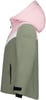 Grüne Jacke mit rosa Kapuze und weißem Streifen an der Schulter.