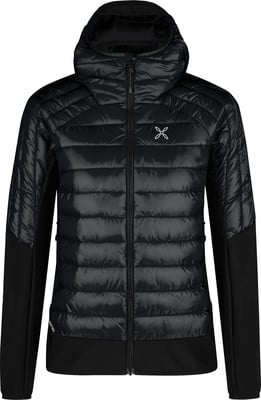 Schwarze Daunenjacke mit Kapuze, gesteppter Vorderseite und Einsätzen. Schwarze Daunenjacke mit Kapuze, gesteppter Vorderseite und Einsätzen.