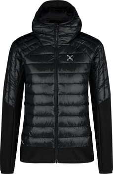 Schwarze Daunenjacke mit Kapuze, gesteppter Vorderseite und Einsätzen.