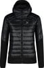 Schwarze Daunenjacke mit Kapuze, gesteppter Vorderseite und Einsätzen.