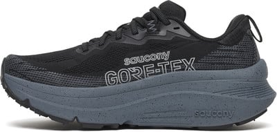 Schwarzer Saucony GORE-TEX Laufschuh mit grauer Sohle. Schwarzer Saucony GORE-TEX Laufschuh mit grauer Sohle.