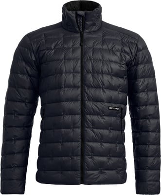 Schwarze Daunenjacke mit gestepptem Muster und Markenlogo.