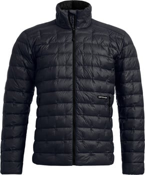 Schwarze Daunenjacke mit gestepptem Muster und Markenlogo.