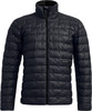 Schwarze Daunenjacke mit gestepptem Muster und Markenlogo.