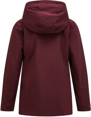 Rückansicht einer dunkelweinvfarbenen Jacke mit Kapuze und langen Ärmeln. Rückansicht einer dunkelweinvfarbenen Jacke mit Kapuze und langen Ärmeln.
